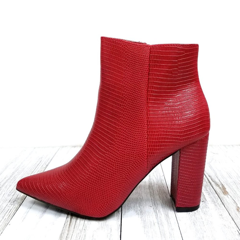 New Red Snake Chunky Heel Point Toe Booties Boots - Picture 2 of 4